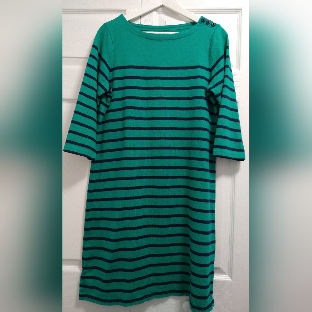 TWO LL Bean Breton Stripe Dress Size M    Green/Navy & Cream/Salmon
